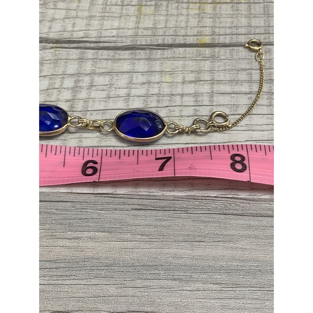 Gold-tone Chain Beaded Bracelet with Blue Oval Glass Stones, Spring Ring Closure - Picture 7 of 9